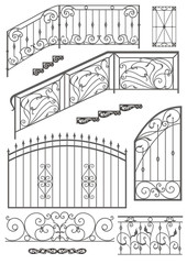 Vector set: wrought iron wicket, stairs railing, fence and windo