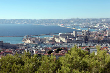Aerial shot of coastal town