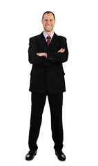 Standing business man in suit isolated on white background