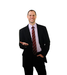 Standing business man in suit isolated on white background