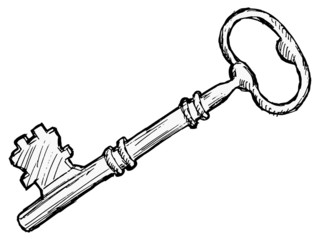 Hand drawn, vector, sketch illustration of vintage key