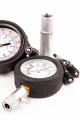 pressure gauge and tools isolated on white