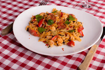 cajun jambalaya on white plate