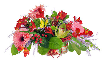 Colorful floral arrangement from lilies, cloves and orchids in c