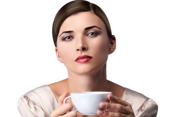 Woman in sweater with cup of aromatic coffee or tea
