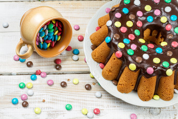 Closeup of easter cake with chocolate glaze