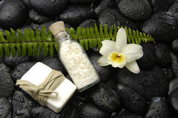 Fototapeta na wymiar ręcznie mydła z paproć z orchidei i masażu olej na kamyki