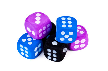 Stack of big dice on white.