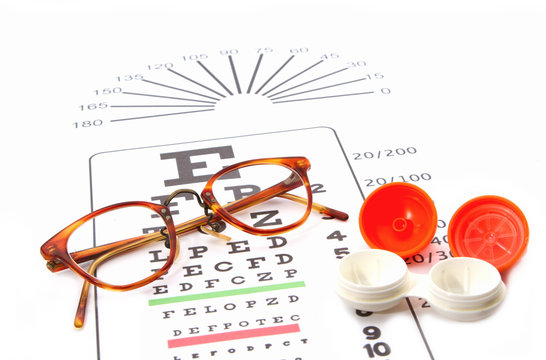 Eye Test Chart And Glasses And Containers For Contact Lenses