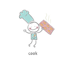 Cook holds a cookie. Illustration.