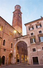 Fototapeta na wymiar Verona - Lamberti tower in dusk from Piazza dei Signori