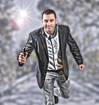 Businessman running on the road