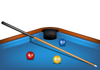 Billiard table with billiard cue and billiard balls