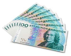 Stack of 100 Swedish krona banknotes