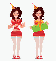 Girl with gift and nude girl with bow.