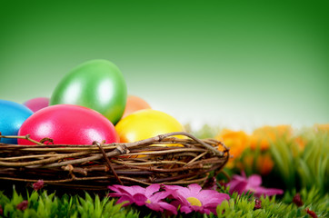 Bunte Ostereier im Nest