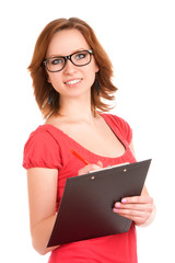 Young woman holding clipboard
