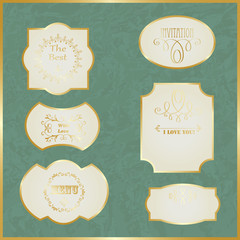 Vector Vintage Labels with Golden Borders and Text on Crumpled P