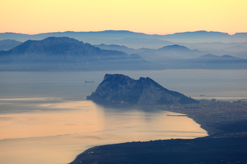 The Rock of Gibraltar and African Coast at sunset - obrazy, fototapety, plakaty