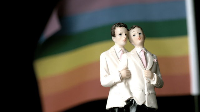 Gay groom cake toppers in front of rainbow flag
