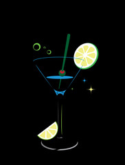 Alcoholic cocktail with a lemon, isolated on a black background