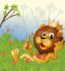 Poster Een leeuw met een kroon in het bos © GraphicsRF