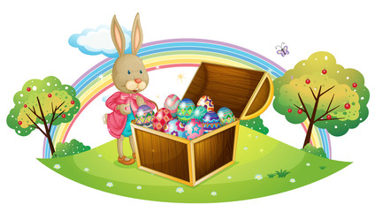 Fototapeta premium A bunny with many coloful eggs