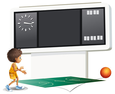 A boy playing basketball with a scoreboard