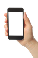 Hand holding smart phone isolated on white background.