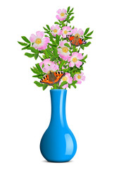 dog rose with butterflies in the blue vase
