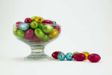 Easter eggs in a glass bowl.