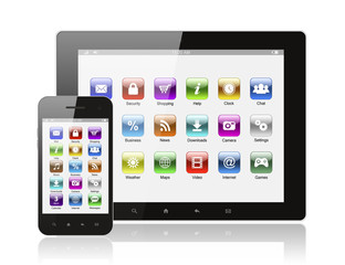 Tablet pc and smart phone with icons on white background