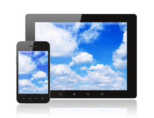 Tablet pc and smart phone with blue sky on white background