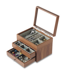 Wooden jewelry box with jewelry inside