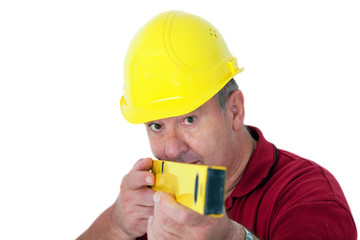 Friendly construction worker with a spirit level