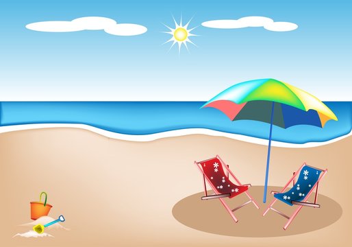 Illustration of Beach Chairs with Umbrella and Toys