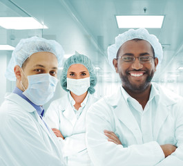 Scientists arabic team at modern hospital lab, group of doctors