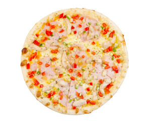 pizza with ham, fish, cheese, paprika and cucumber, isolated