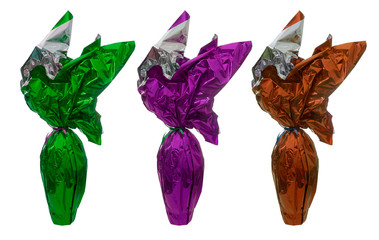 Gift wrapped chocolate Easter eggs isolated over white backgroun