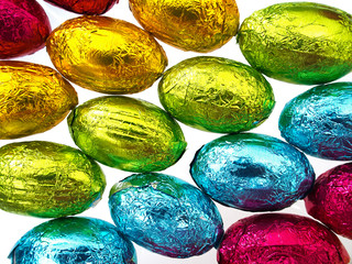 Close up of Easter eggs in foil for background