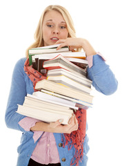 woman huge stack of books