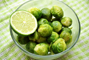 Fresh Cooked Bussel Sprouts in a Bowl with Lime