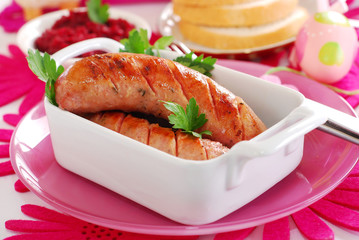 grilled white sausage with beetroot sauce for easter