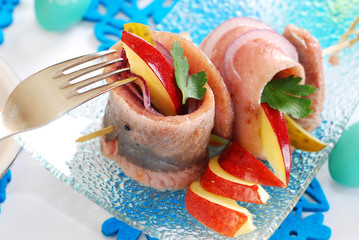 spicy herring rolls with apple and gherkin for easter