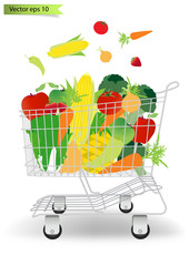 Vector Shopping cart with fruits and vegetables