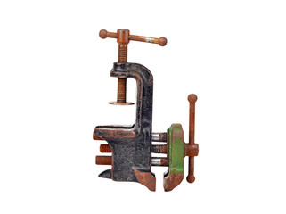 Vintage mechanical hand vise clamp, isolated on white background