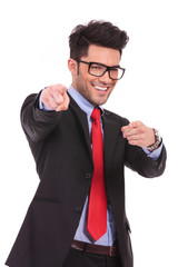 business man pointing with both hands