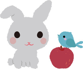手描き風のうさぎと小鳥