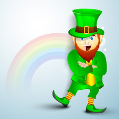 Saint Patrick's Day concept with happy leprechaun on rainbow bac