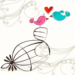 Glasschilderij Vogels in kooien Schattige vogels in liefde illustratie
